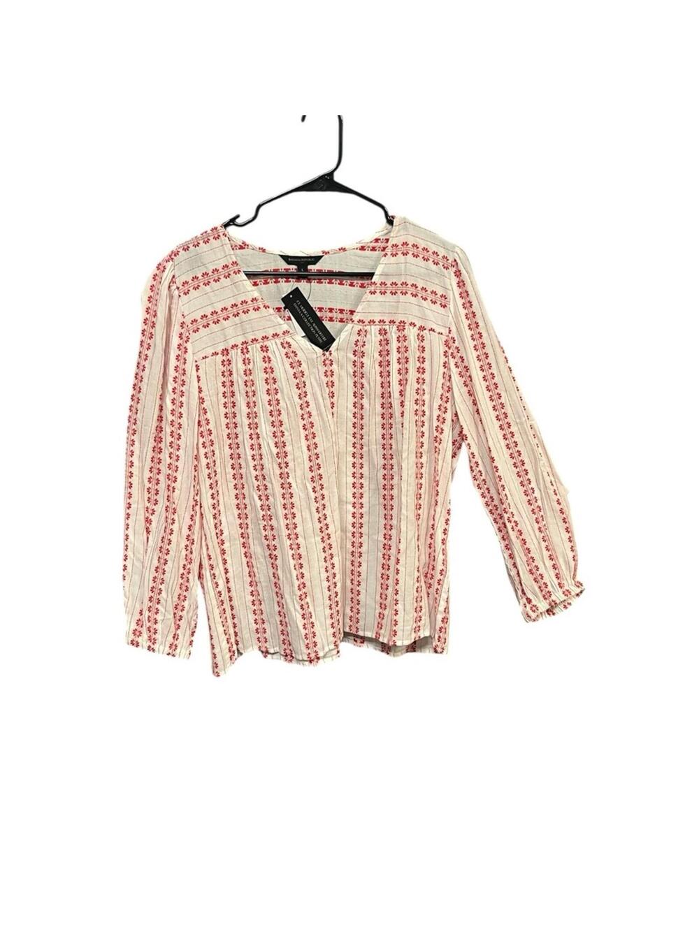 Banana Republic factory peasant top women L red white floral Vneck long sleeve